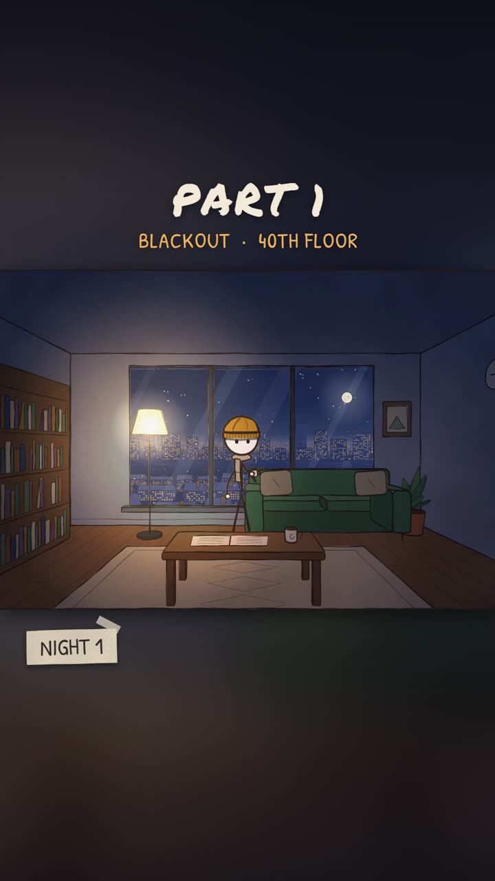 Hero standing in a dark apartment on the 40th floor